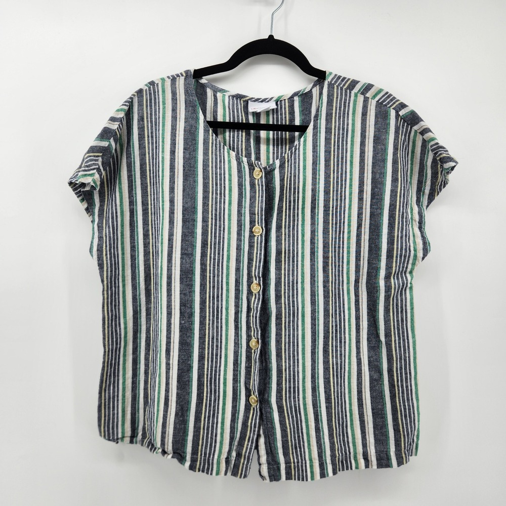 Liz Claiborne Striped Button Down Top Short Sleeve Casual Career Blouse Linen M